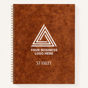 Faux Brown Leather Minimalist Logo Employee Name Notebook