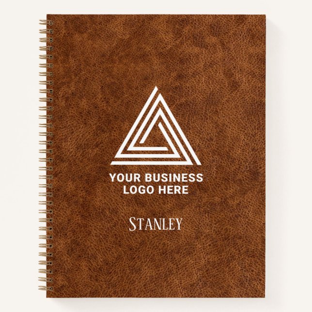 Faux Brown Leather Minimalist Logo Employee Name Notebook (Front)