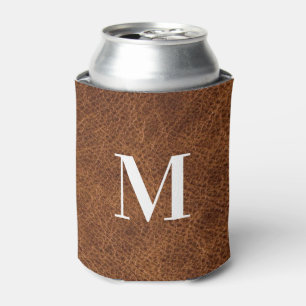 Faux Brown Leather Modern Monogram Can Cooler