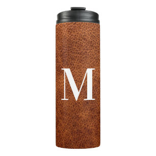 Faux Brown Leather Modern Monogram Thermal Tumbler