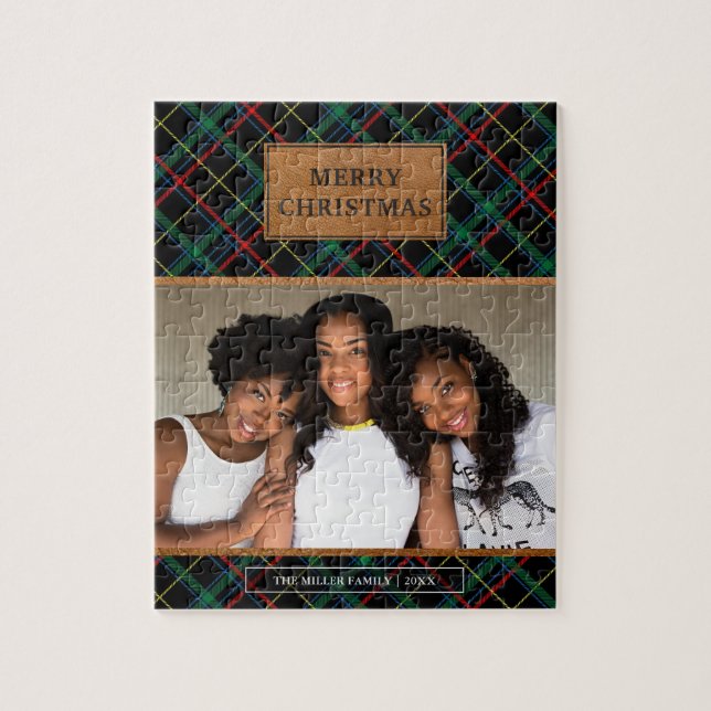 Faux Brown Leather Red and Green Tartan Christmas Jigsaw Puzzle (Vertical)