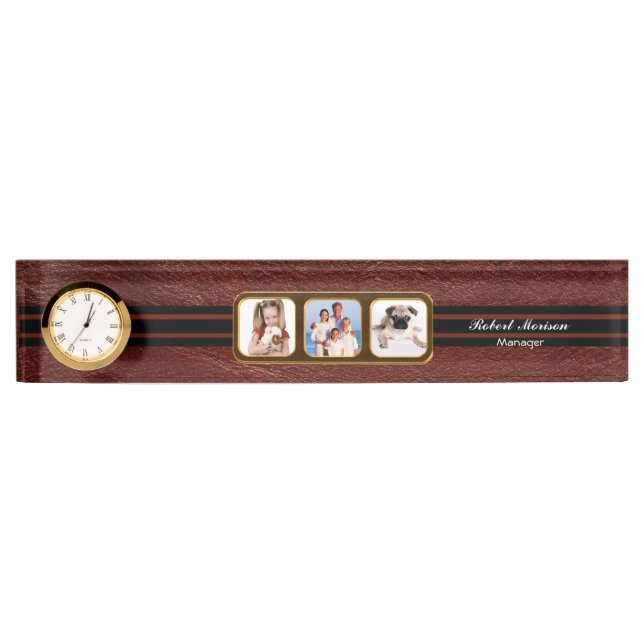 Faux Brown Leather Triple Photo Nameplate (Front)