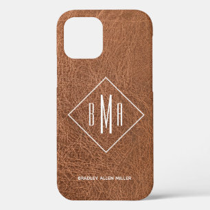 Faux Brown Leather White Monogram Personalised iPhone 12 Case
