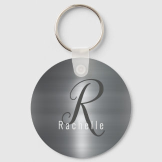 Faux Brushed Metal Stainless Steel Monogram Name Key Ring