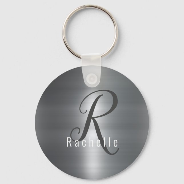 Faux Brushed Metal Stainless Steel Monogram Name Key Ring (Front)
