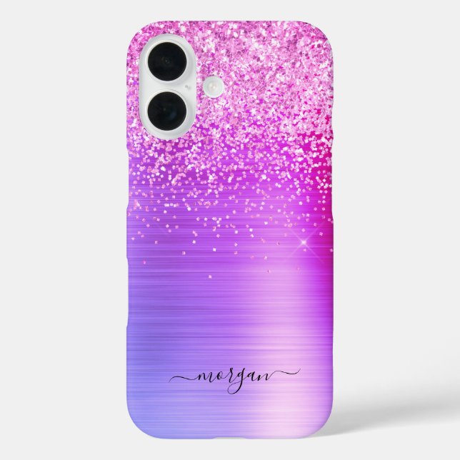 Faux Brushed Purple Metal, Glitter, Script Name Case-Mate iPhone Case (Back)