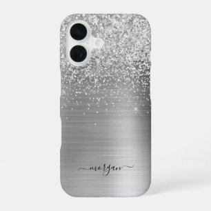 Faux Brushed Silver Metal, Glitter, Script Name iPhone 16 Case