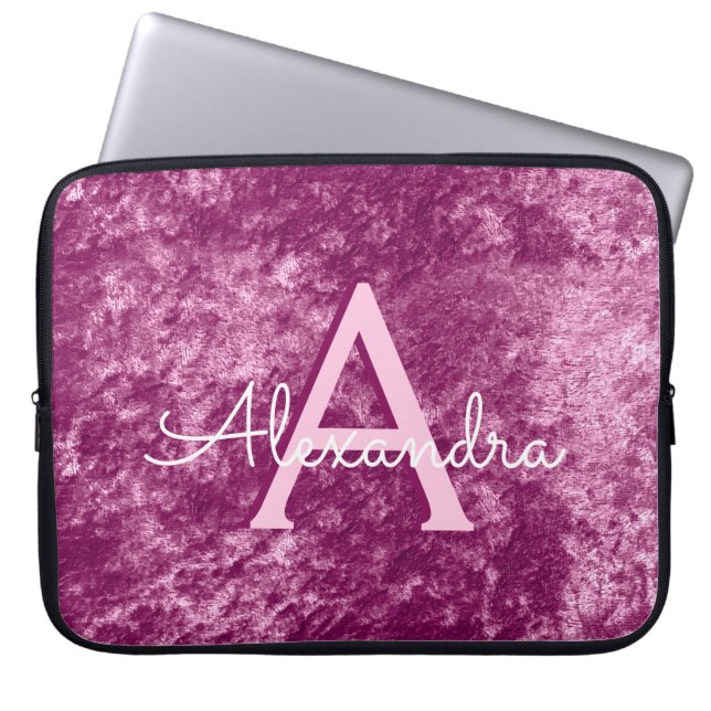 Faux Burgundy Purple Velvet Pattern Monogram Laptop Sleeve (Front)