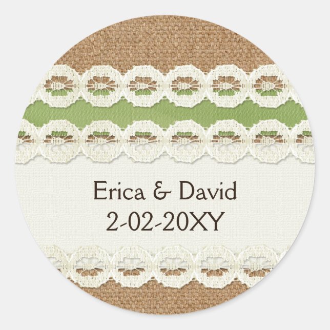 FAUX burlap and lace lime country wedding Classic Round Sticker (Front)