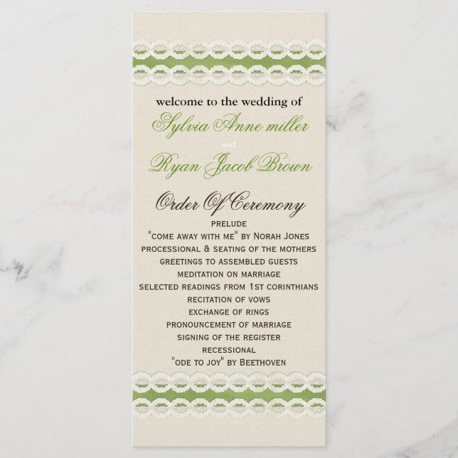 FAUX burlap and lace lime country wedding Programme (Front)