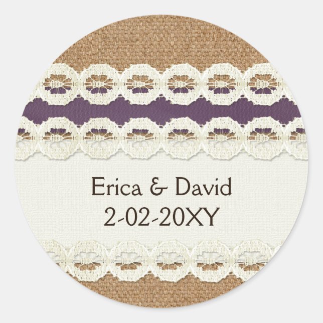 FAUX burlap and lace purple country wedding Classic Round Sticker (Front)