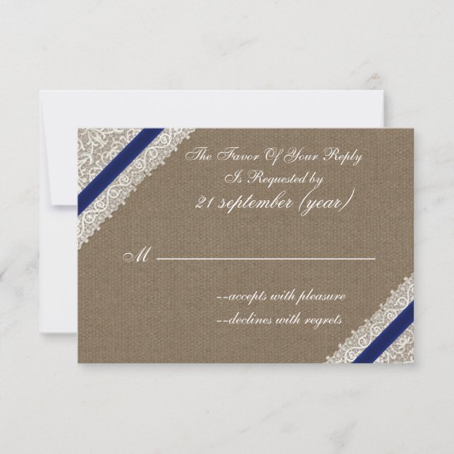 FAUX burlap and lace with navy blue rsvp 3.5 x 5 Card (Front)