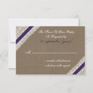 FAUX burlap and lace with purple rsvp 3.5 x 5 Card