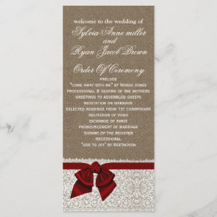 FAUX Burlap and red lace Wedding program Programme