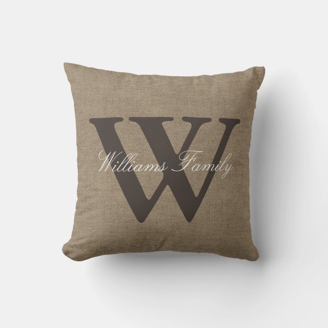 Faux Burlap Family Name Monogram Throw Pillow (Front)