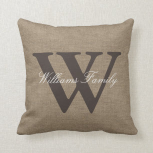 Faux Burlap Family Name Monogram Throw Pillow