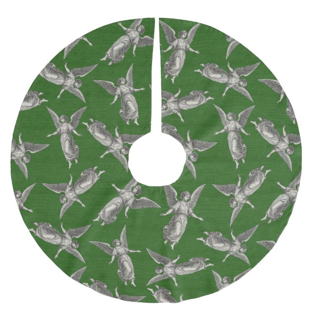 Faux burlap green Angel traditional Christmas Brushed Polyester Tree Skirt (Front)