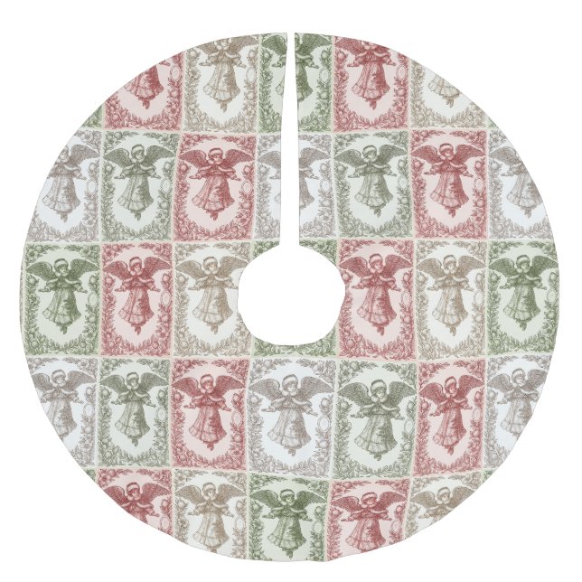 Faux burlap green Angel traditional Christmas Brushed Polyester Tree Skirt (Front)