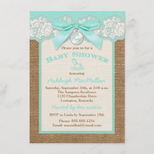 FAUX Burlap Ivory Lace, Aqua Baby Shower Invite