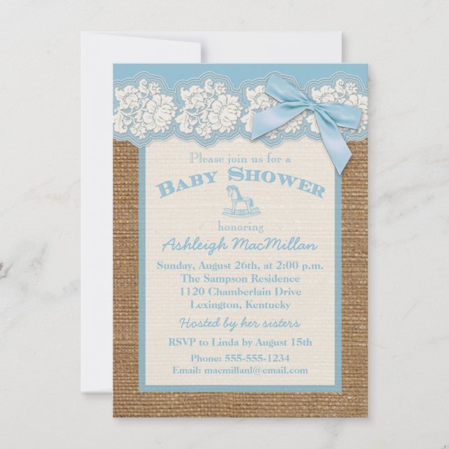 FAUX Burlap Ivory Lace, Blue Baby Shower Invite (Front)
