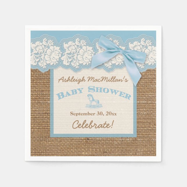 FAUX Burlap Ivory Lace, Blue Baby Shower Napkins (Front)