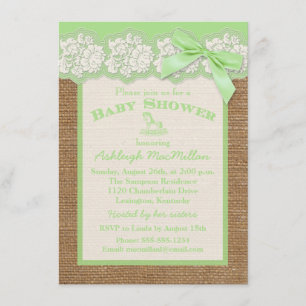FAUX Burlap Ivory Lace, Green Baby Shower Invite