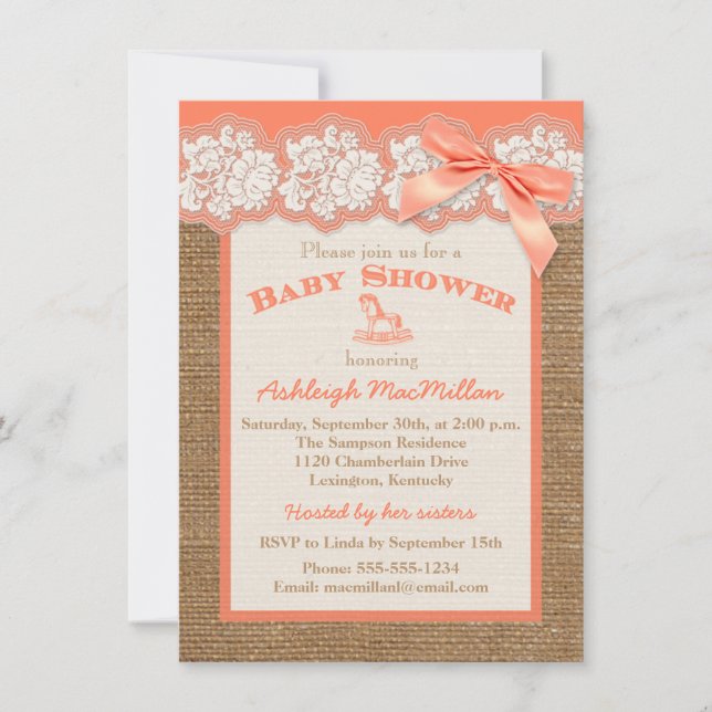 FAUX Burlap Ivory Lace, Orange Baby Shower Invite (Front)