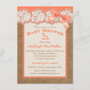 FAUX Burlap Ivory Lace, Orange Baby Shower Invite