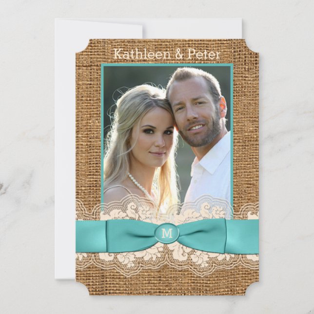 FAUX Burlap, Lace, Bow PHOTO Wedding Invite - Aqua (Front)