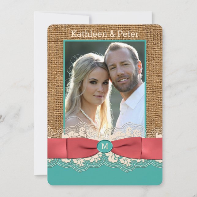 FAUX Burlap Lace Bow PHOTO Wedding Invite, Aqua 2 Invitation (Front)