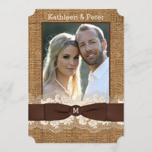 FAUX Burlap, Lace, Bow PHOTO Wedding Invite, Brown Invitation