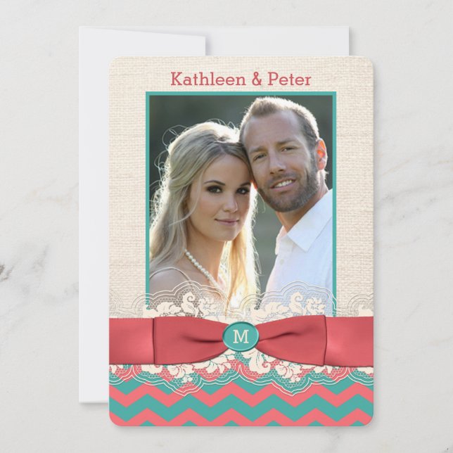 FAUX Burlap Lace Bow PHOTO Wedding Invite, Chevron Invitation (Front)