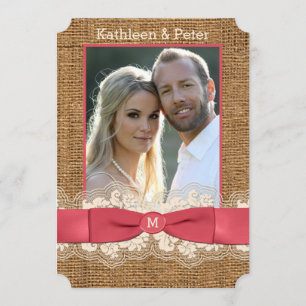 FAUX Burlap, Lace, Bow PHOTO Wedding Invite - Pink