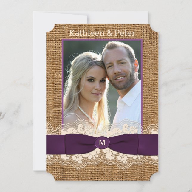 FAUX Burlap Lace Bow PHOTO Wedding Invite, Purple Invitation (Front)