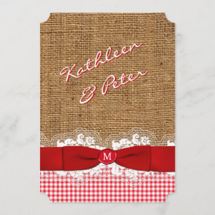 FAUX Burlap, Lace, Gingham Wedding Invite - Red