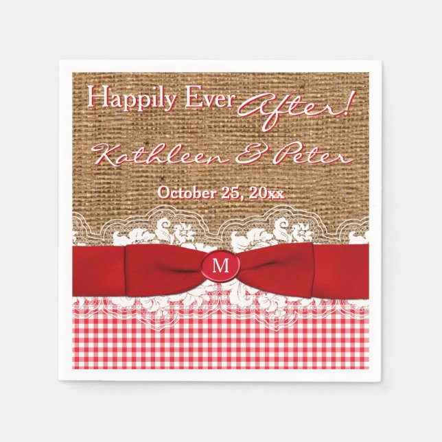 FAUX Burlap, Lace, Gingham Wedding Napkins - Red (Front)