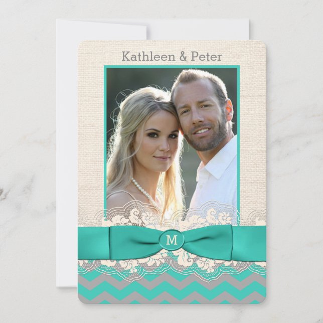 FAUX Burlap, Lace PHOTO Wedding Invite, Chevron 2 Invitation (Front)