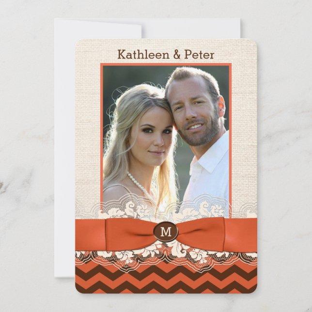 FAUX Burlap, Lace PHOTO Wedding Invite, Chevron 5 Invitation (Front)