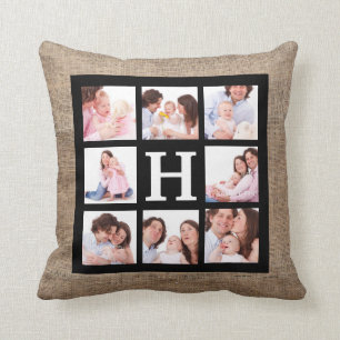 Faux Burlap Monogram with 8 Family Photos Cushion