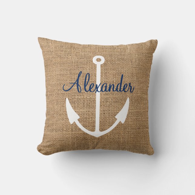 Faux Burlap Nautical Anchor with Custom Name Cushion (Front)