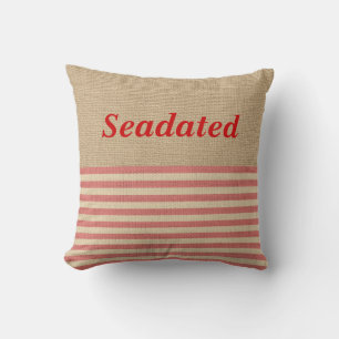 Faux Burlap Nautical Pillow Red stripes Monogram