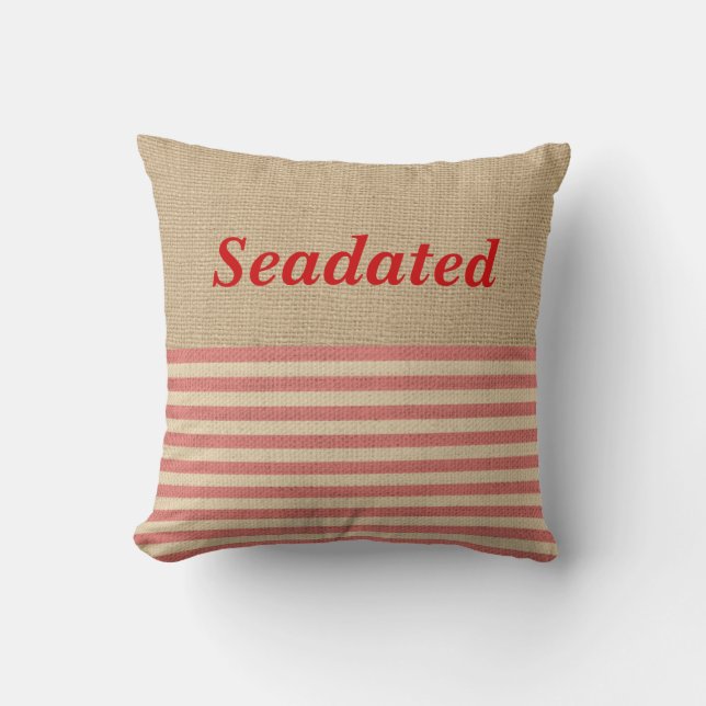 Faux Burlap Nautical Pillow Red stripes Monogram (Front)