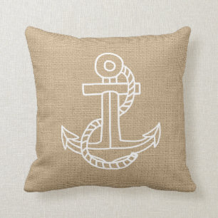 Faux Burlap Nautical Throw Pillow with Anchor