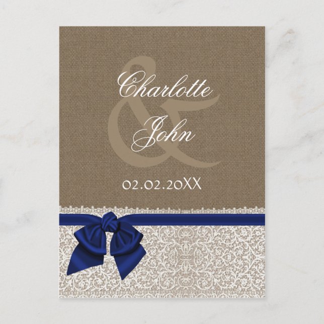 FAUX burlap, navy blue and white lace Thank You Postcard (Front)