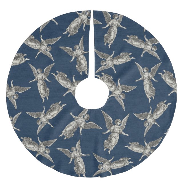 Faux burlap navy blue Angel traditional Christmas Brushed Polyester Tree Skirt (Front)