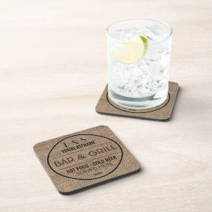 Faux Burlap Old Sign Style Bar and Grill Coaster