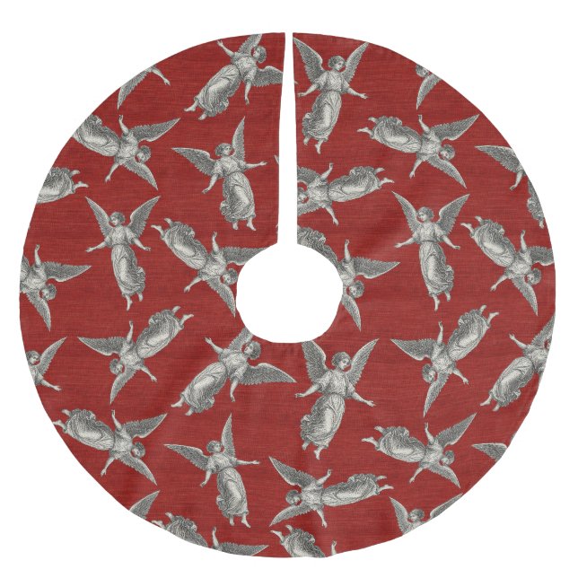 Faux burlap red Angel traditional Christmas Brushed Polyester Tree Skirt (Front)