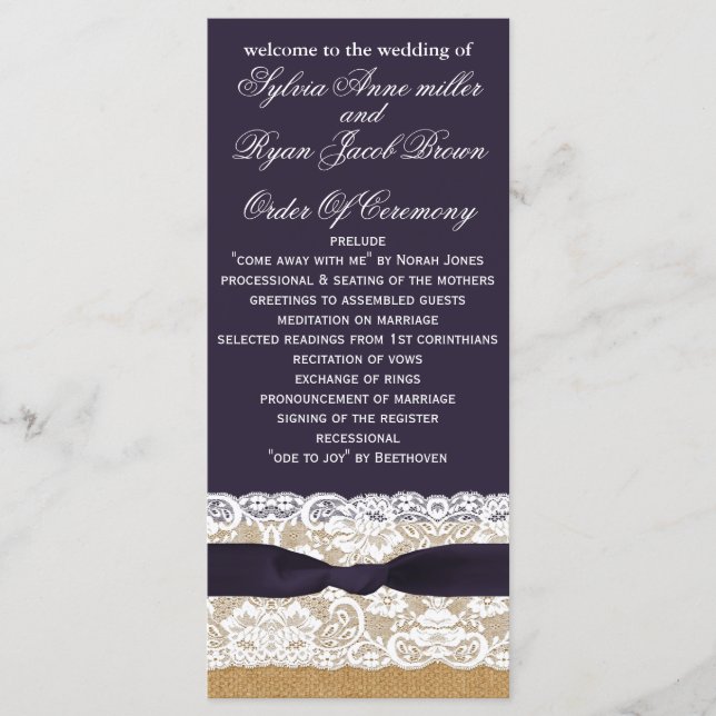 FAUX burlap, rustic wedding programs tea length Programme (Front)