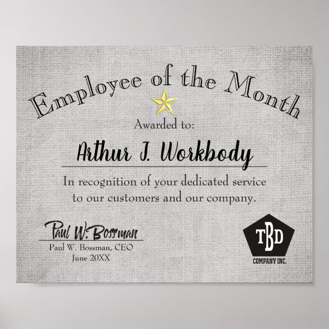Faux burlap star employee of the month certificate poster (Front)