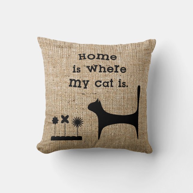 Faux Burlap Throw Pillow for Cat Lovers (Front)